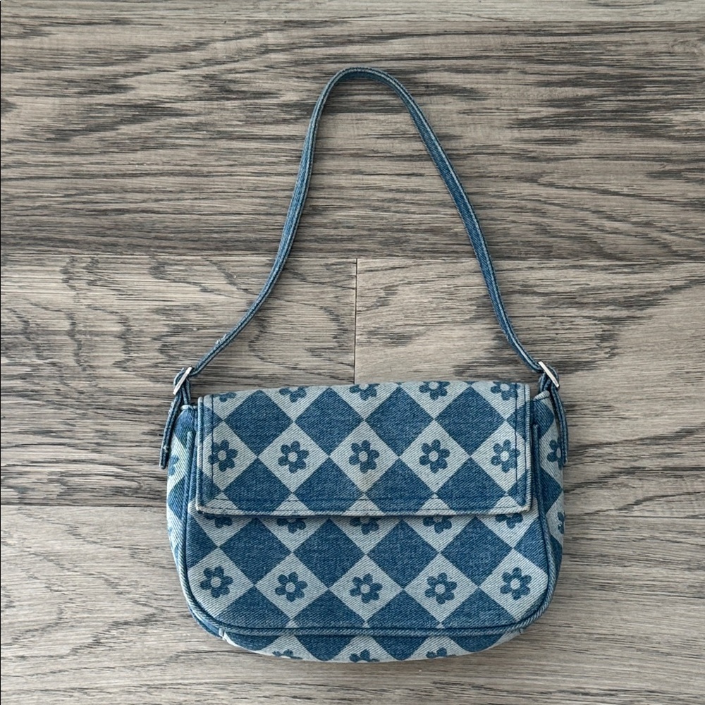 Bershka Blue Floral Checkered Shoulder Bag